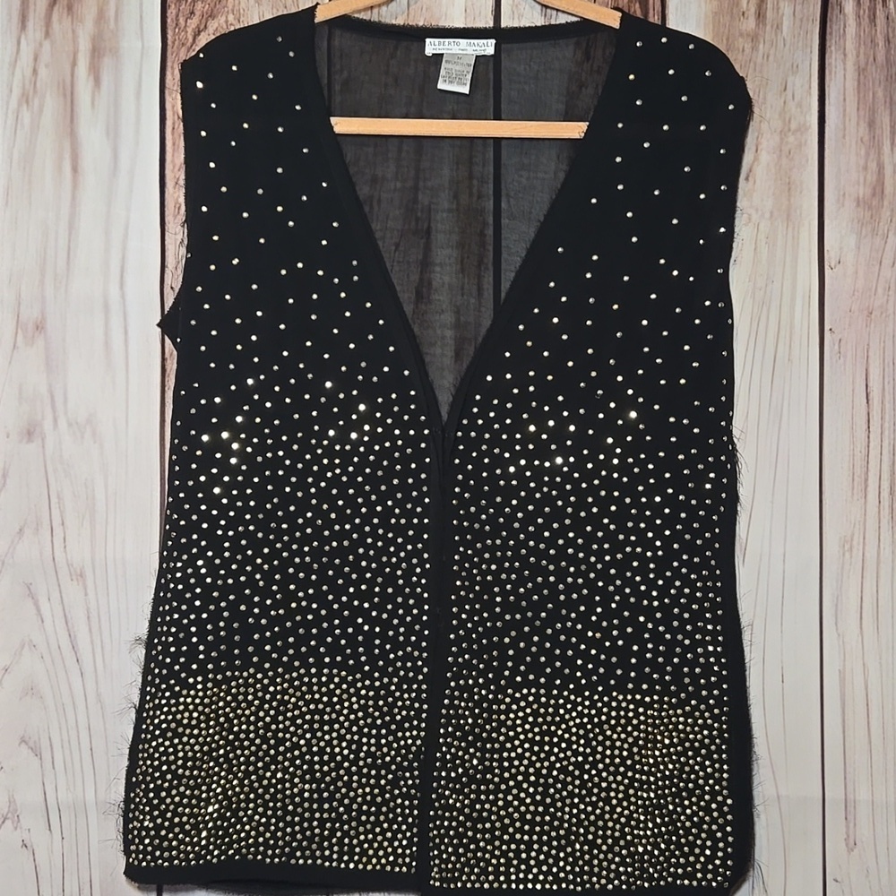 Alberto Makali Sheer Black Gold Studded Cardigan Vest Hook & Eye Closure Medium